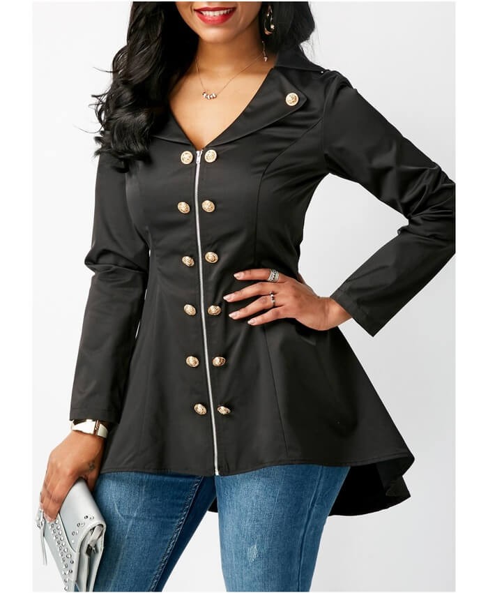 Notch Collar Button Embellished Zip Up Blouse